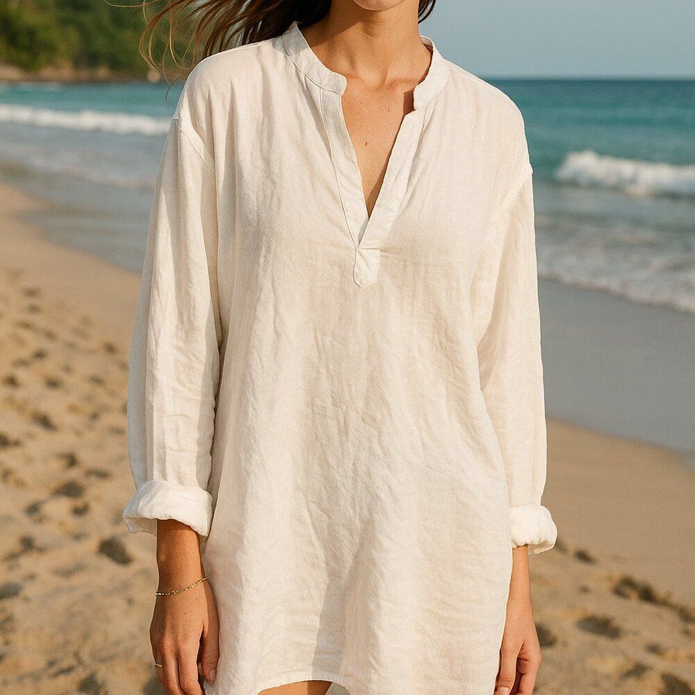 Perry Ellis Women's White 100% Linen Tunic Shirt Size 3XGL Long Sleeve V-Neck